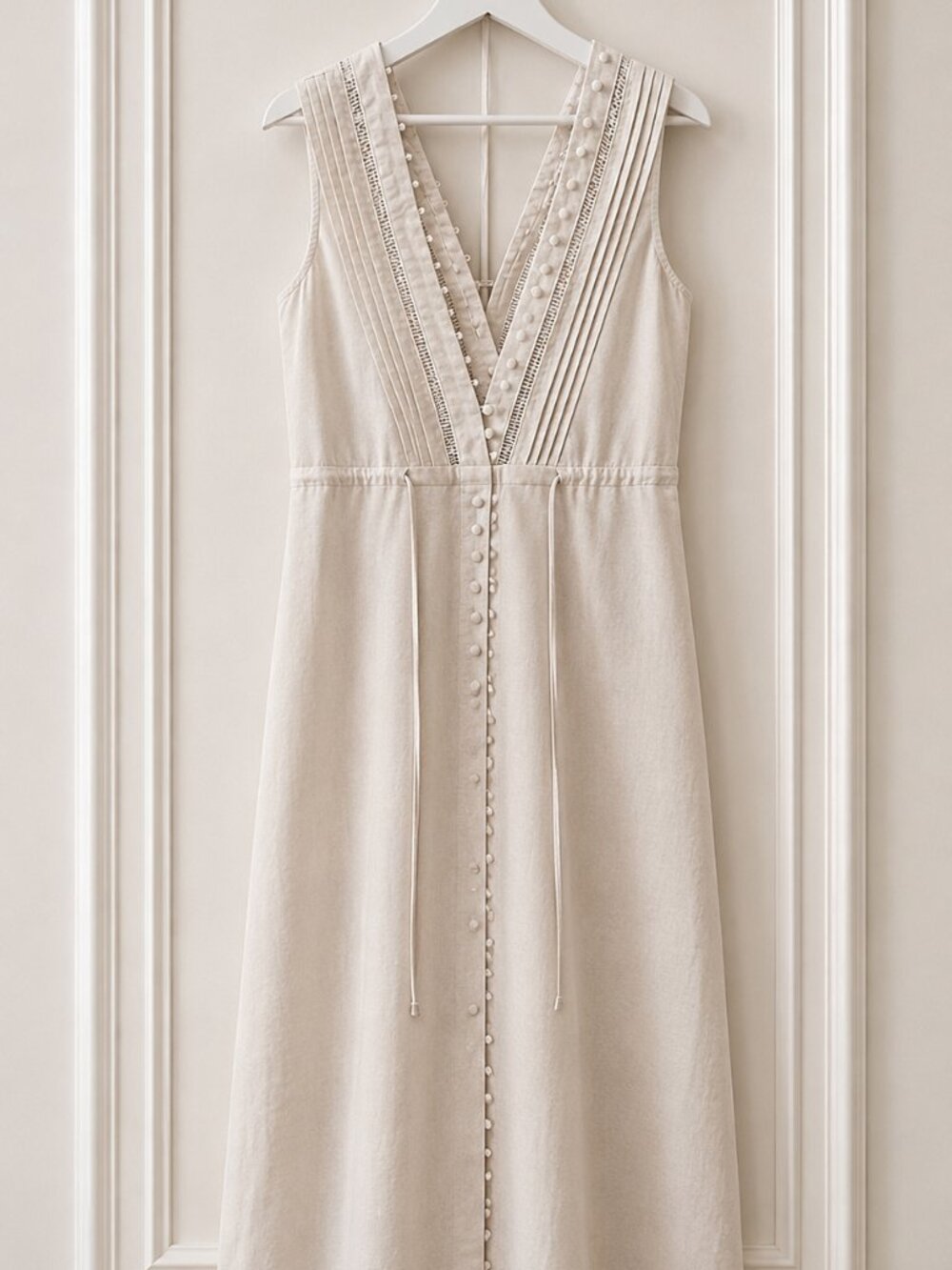 Chicwish Oatmeal Linen Blend Midi Dress S | Embroidered | Cottagecore | NWOT